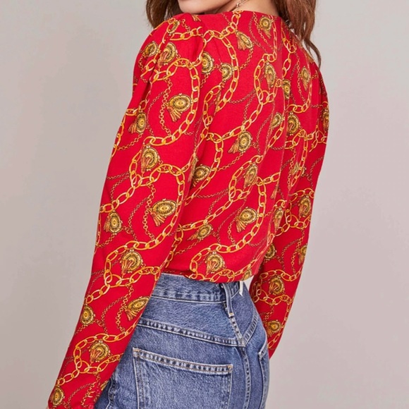 ASTR Chain Reaction Bodysuit Women’s Size M Surplice Wrap Front Long Sleeves - Picture 2 of 12